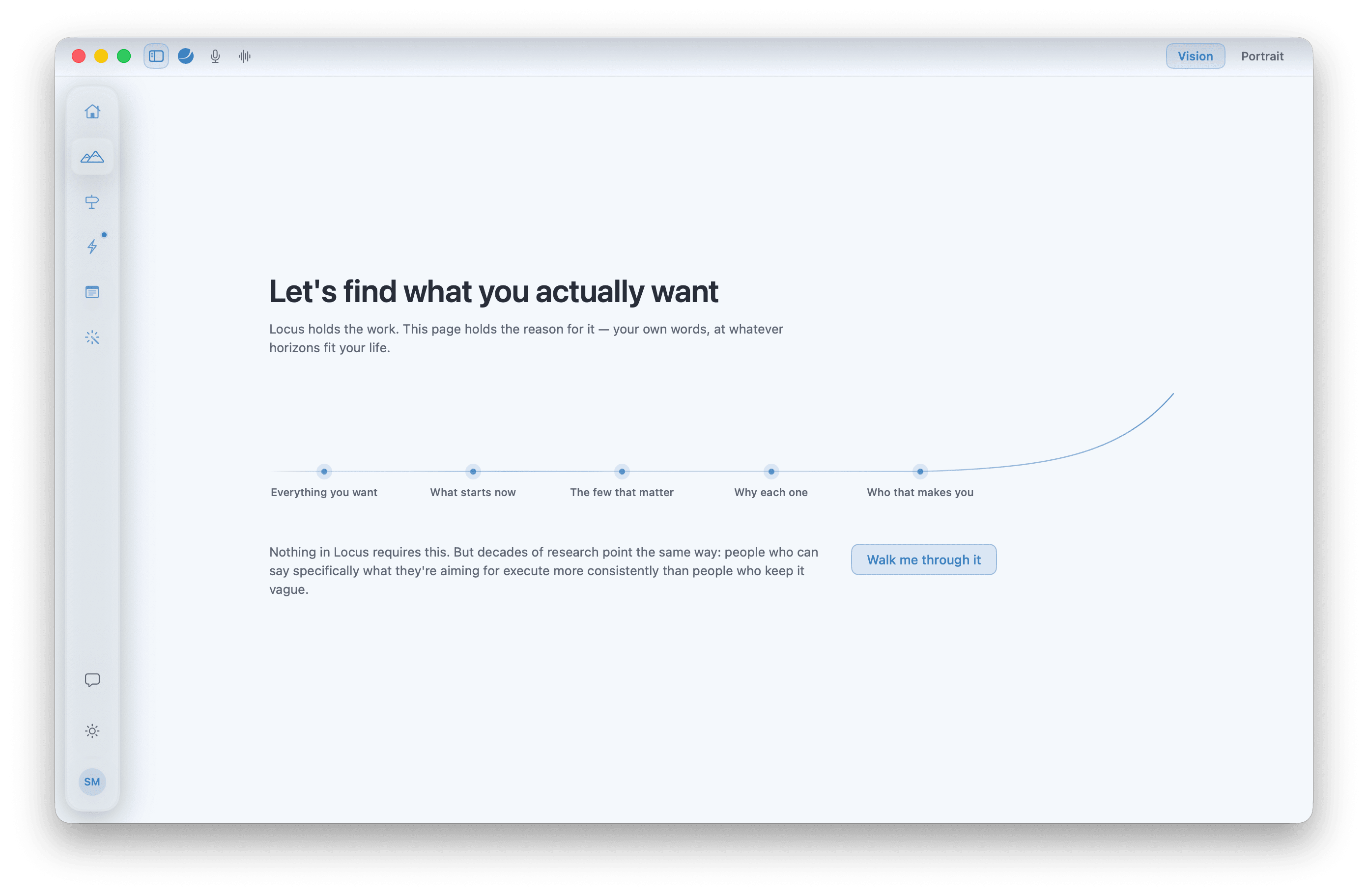 The Vision tab inviting you to find what you actually want, with five stations from everything you want to who that makes you.